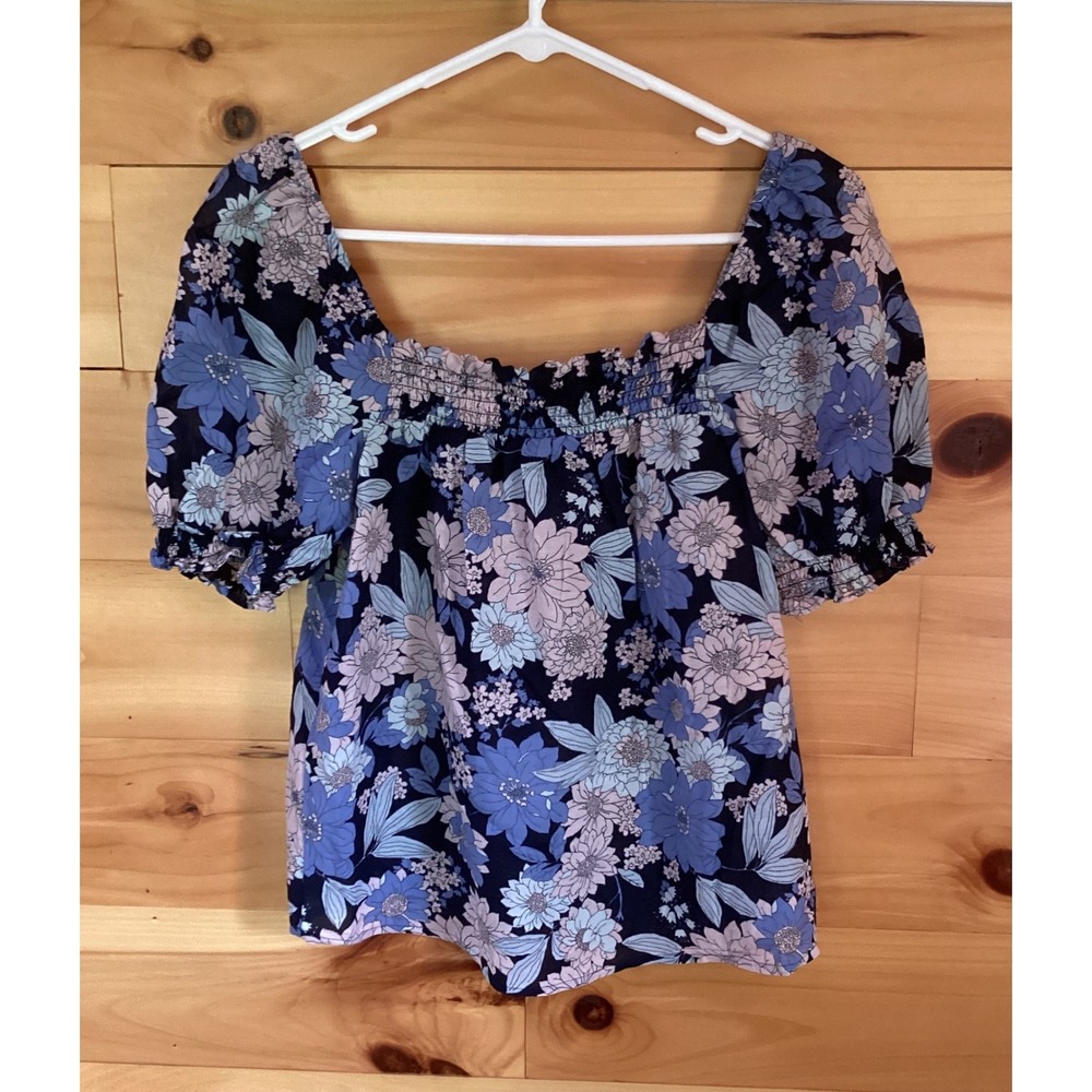 J.Crew Re-Imagined Floral Puff Sleeve Blouse Navy Blue Smocked Top XS